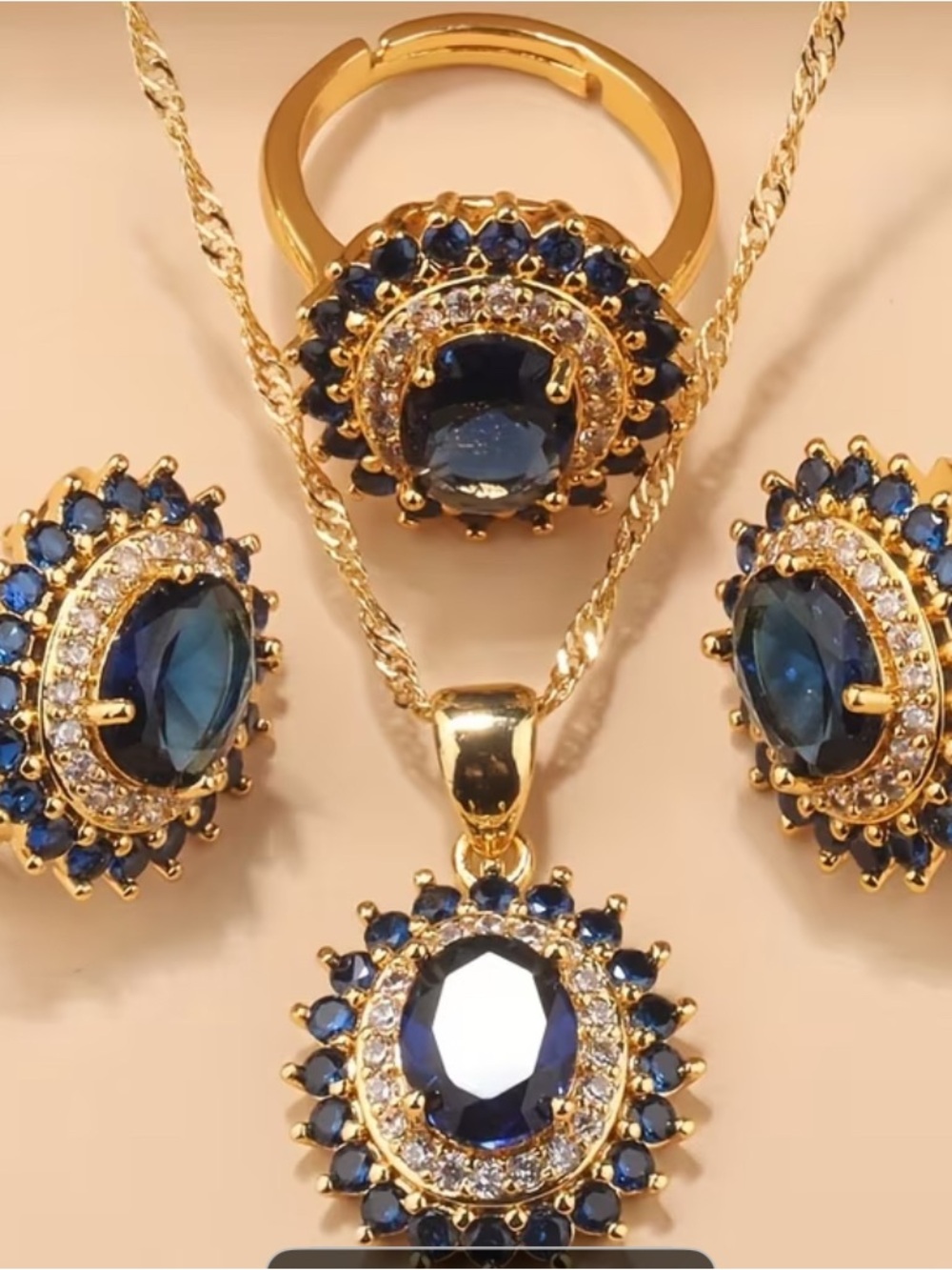 Gold Plated Navy Blue Crystal Pendant Necklace with Matching Earrings and Ring